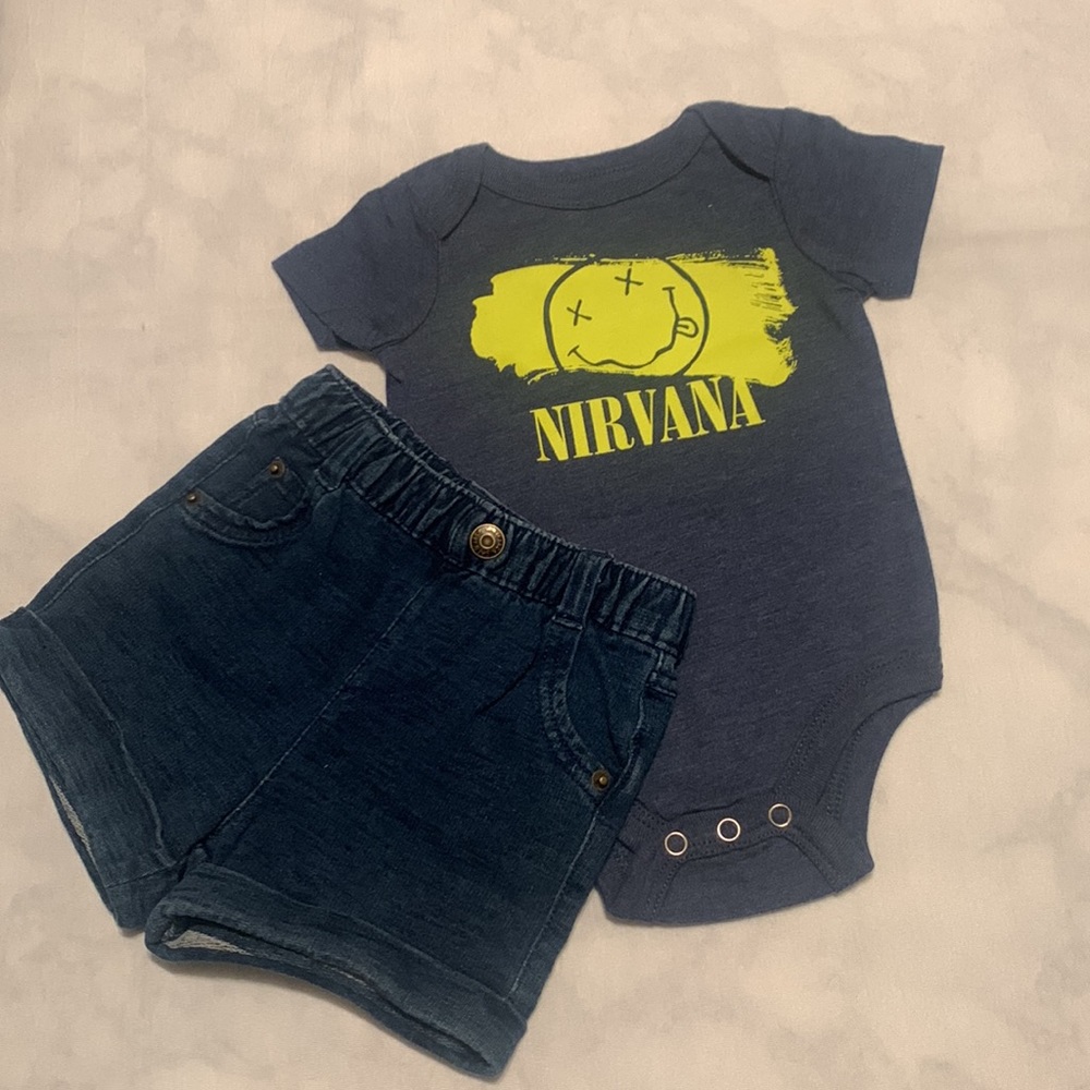 *Nirvana Blue Yellow Onesie with Blue Jean Shorts 0-3M NWOT